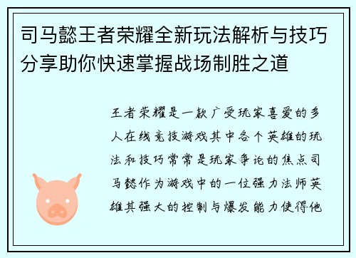 司马懿王者荣耀全新玩法解析与技巧分享助你快速掌握战场制胜之道
